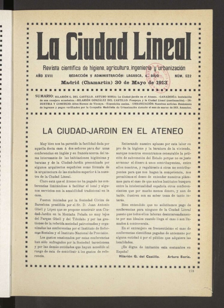 Miniatura de La Ciudad Lineal : órgano oficial de la Compañía Madrileña de Urbanización del 30 de mayo de 1913