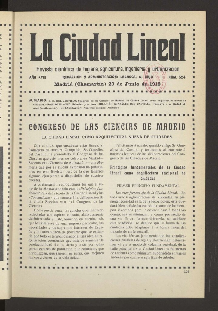 Miniatura de La Ciudad Lineal : órgano oficial de la Compañía Madrileña de Urbanización del 20 de junio de 1913