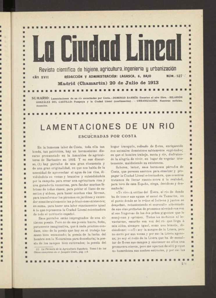 Miniatura de La Ciudad Lineal : órgano oficial de la Compañía Madrileña de Urbanización del 20 de julio de1913