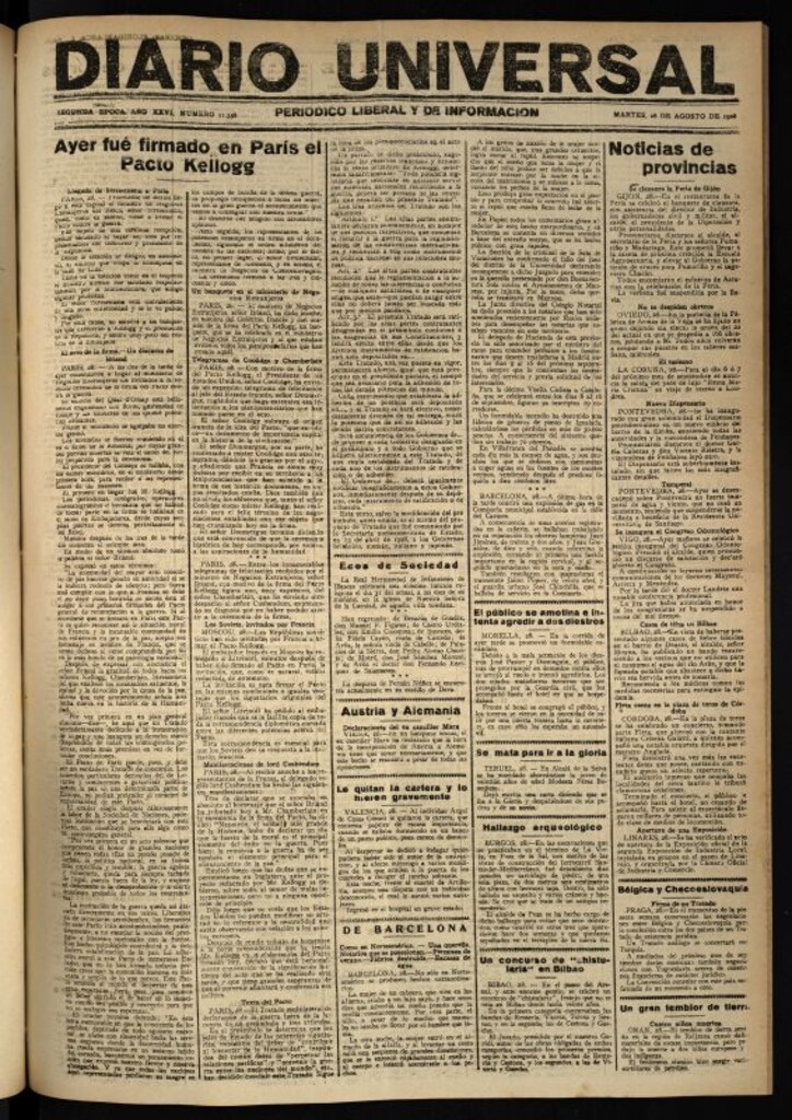 Miniatura de Diario Universal del 28 de agosto de 1928
