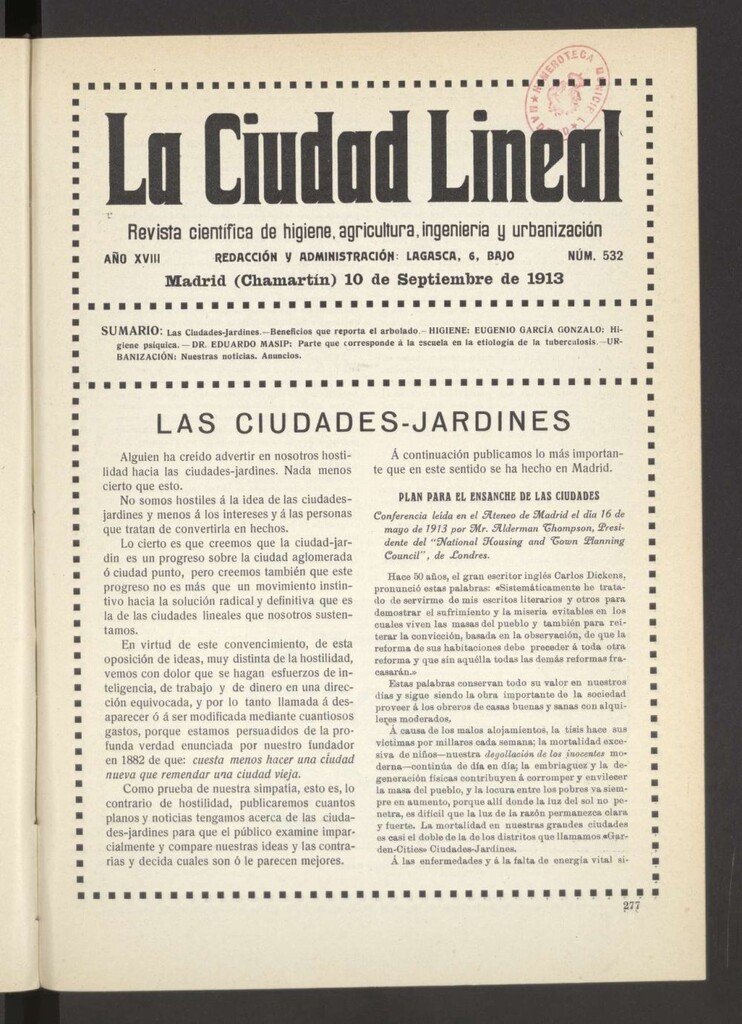 Miniatura de La Ciudad Lineal : órgano oficial de la Compañía Madrileña de Urbanización del 10 de septiembre de 1913