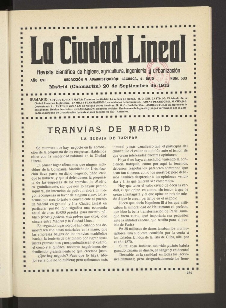 Miniatura de La Ciudad Lineal : órgano oficial de la Compañía Madrileña de Urbanización del 20 de septiembre de 1913