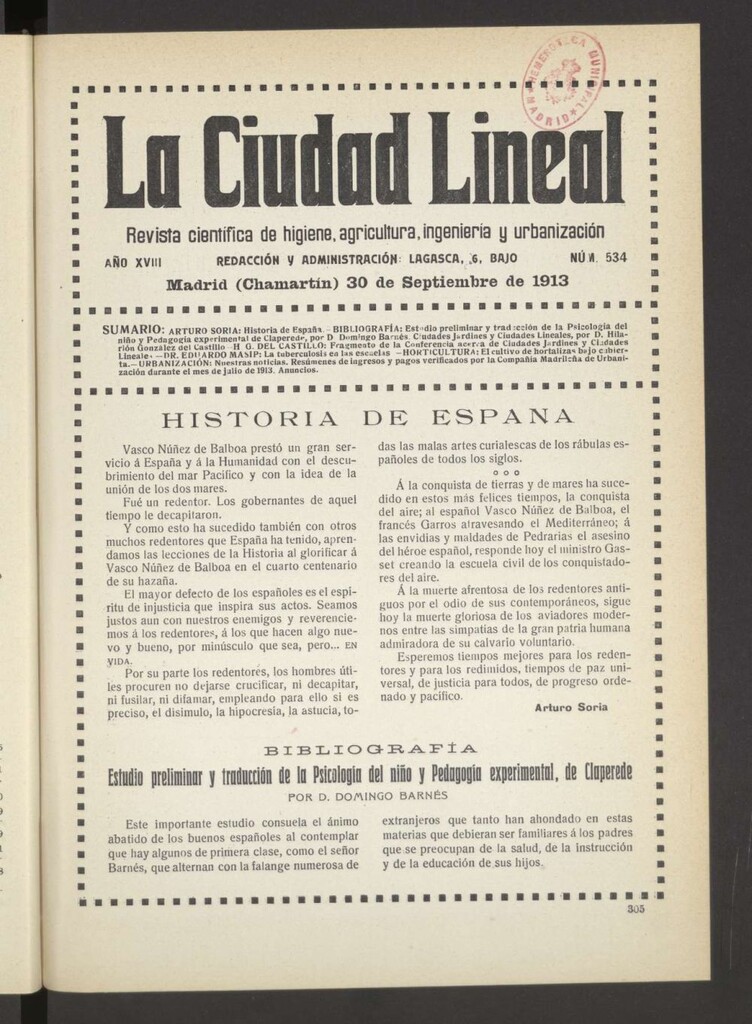 Miniatura de La Ciudad Lineal : órgano oficial de la Compañía Madrileña de Urbanización del 30 de septiembre de 1913
