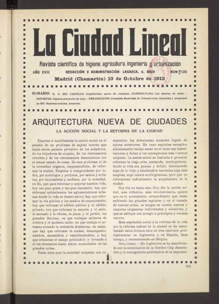 Miniatura de La Ciudad Lineal : órgano oficial de la Compañía Madrileña de Urbanización del 10 de octubre de 1913