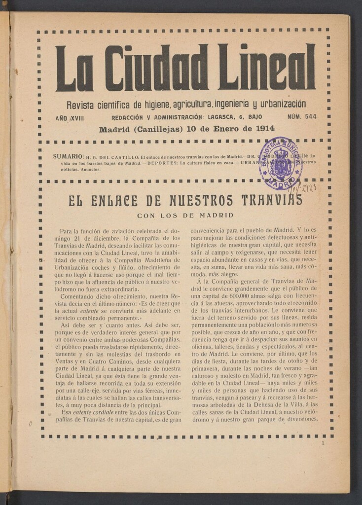 Miniatura de La Ciudad Lineal : órgano oficial de la Compañía Madrileña de Urbanización del 10 de enero de 1914