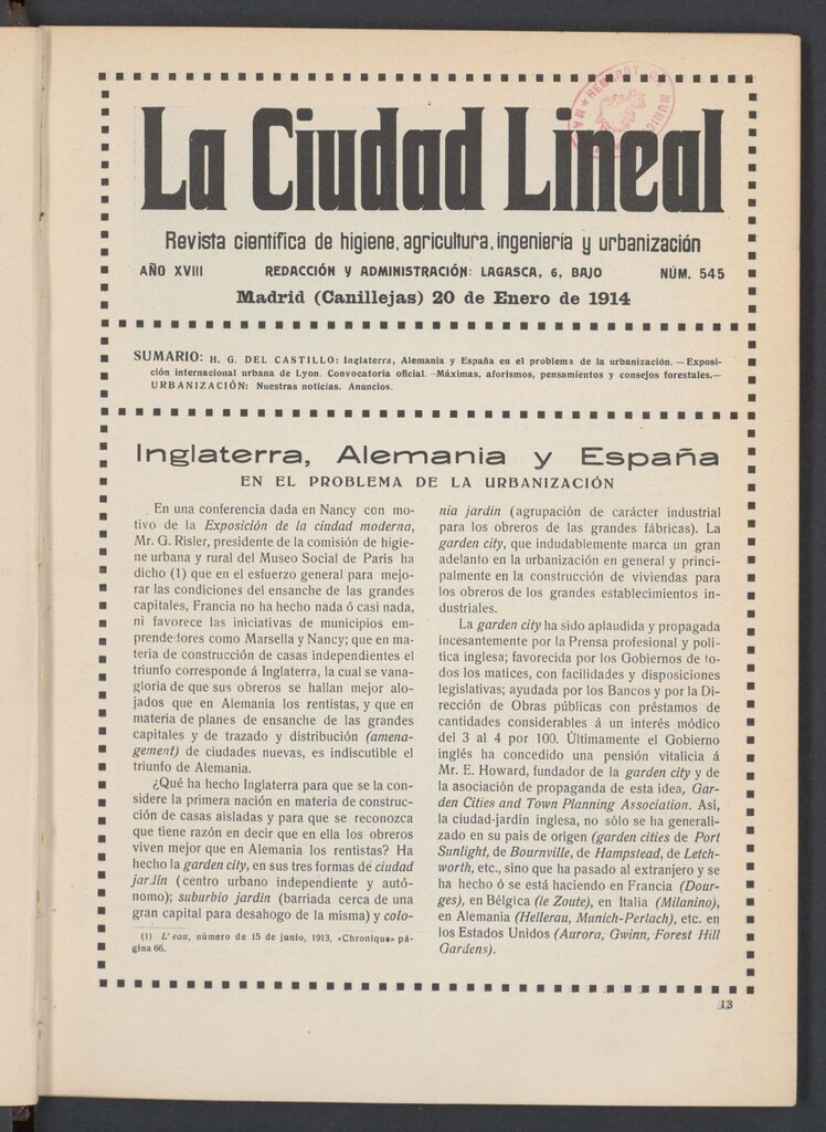 Miniatura de La Ciudad Lineal : órgano oficial de la Compañía Madrileña de Urbanización del 20 de enero de 1914