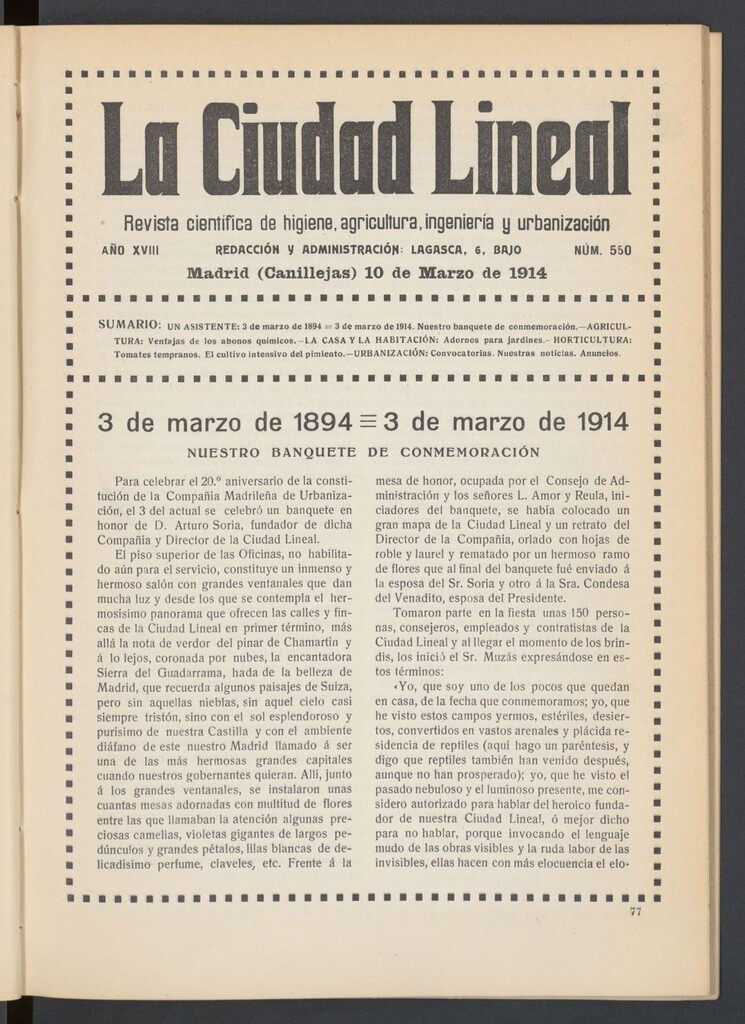 Miniatura de La Ciudad Lineal : órgano oficial de la Compañía Madrileña de Urbanización del 10 de marzo de 1914