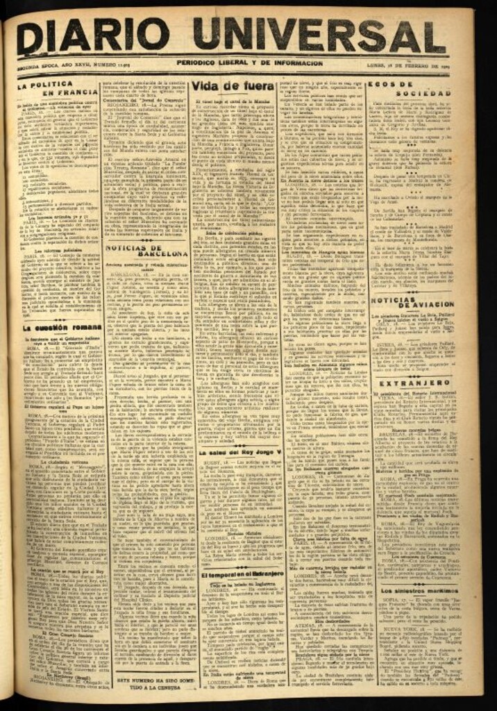 Miniatura de Diario Universal del 18 de febrero de 1929