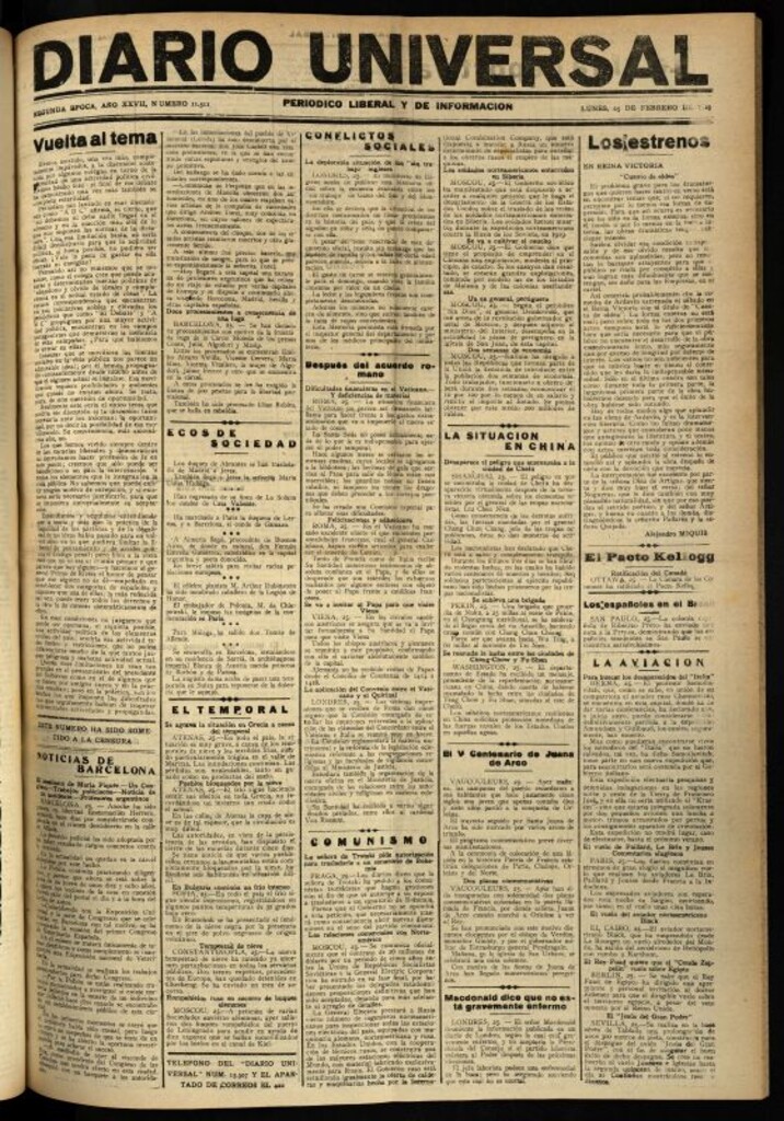 Miniatura de Diario Universal del 25 de febrero de 1929