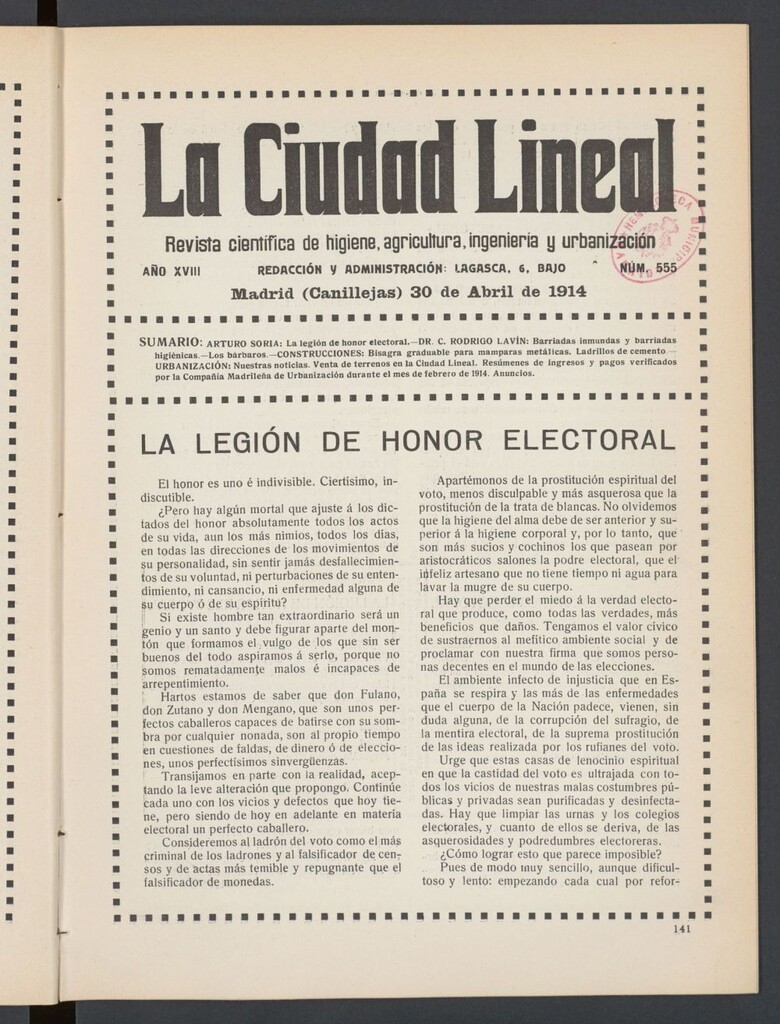 Miniatura de La Ciudad Lineal : órgano oficial de la Compañía Madrileña de Urbanización del 30 de abril de 1914