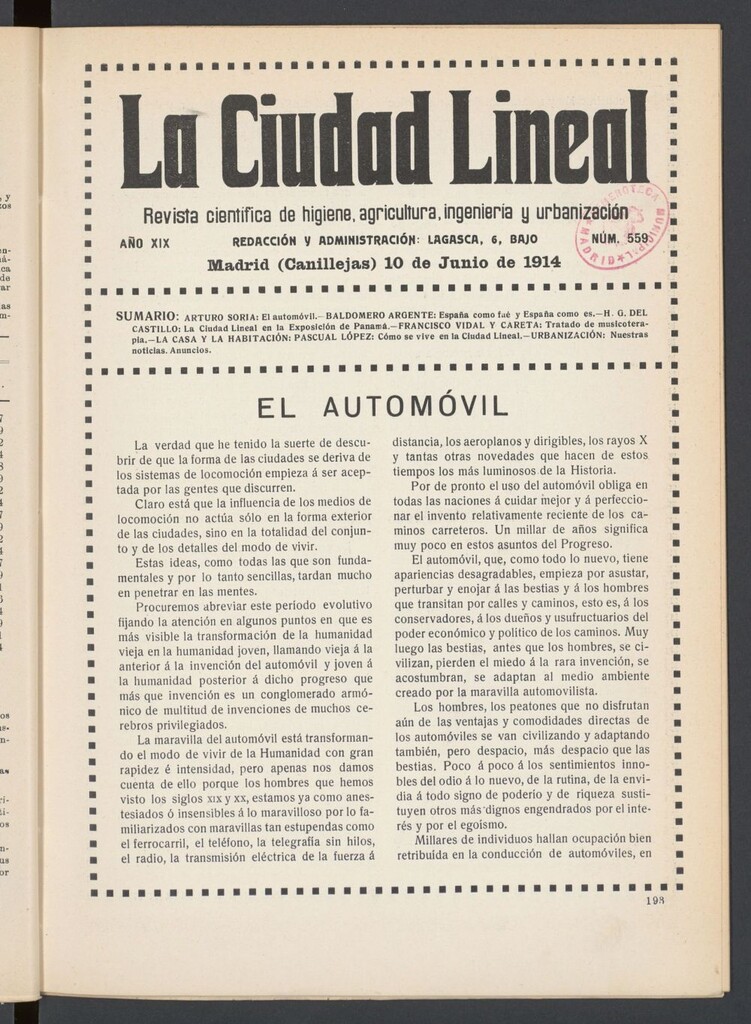 Miniatura de La Ciudad Lineal : órgano oficial de la Compañía Madrileña de Urbanización del 10 de junio de 1914