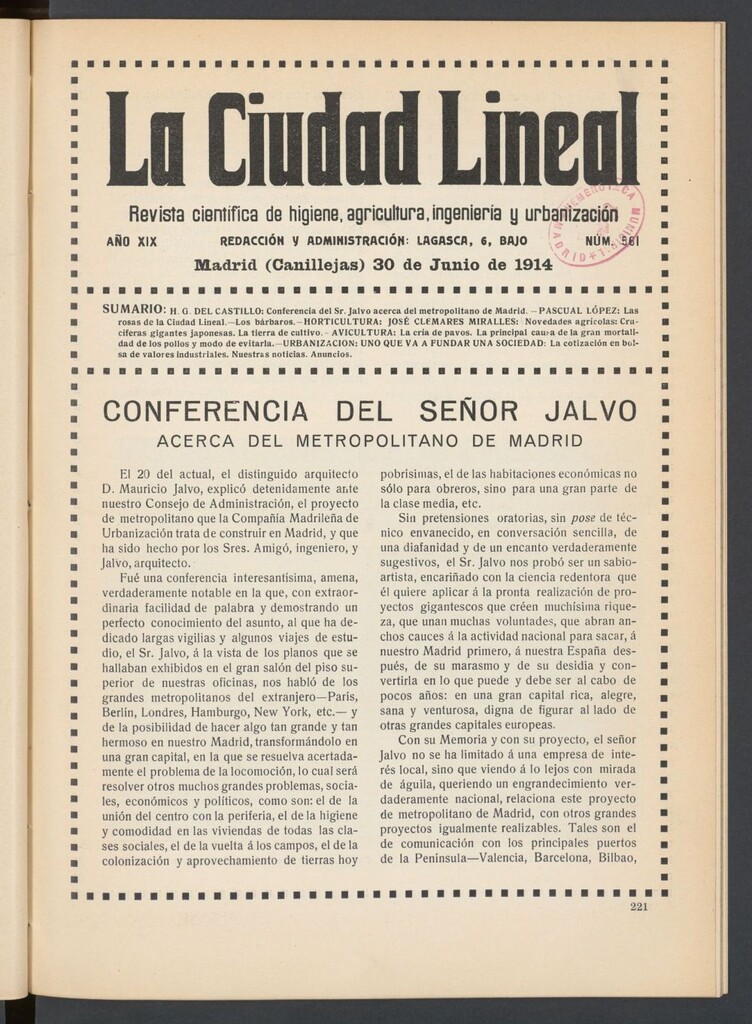 Miniatura de La Ciudad Lineal : órgano oficial de la Compañía Madrileña de Urbanización del 30 de junio de 1914