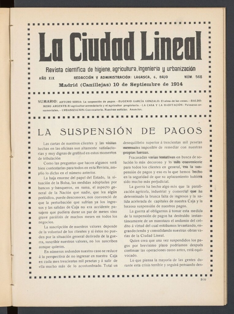 Miniatura de La Ciudad Lineal : órgano oficial de la Compañía Madrileña de Urbanización del 10 de septiembre de 1914