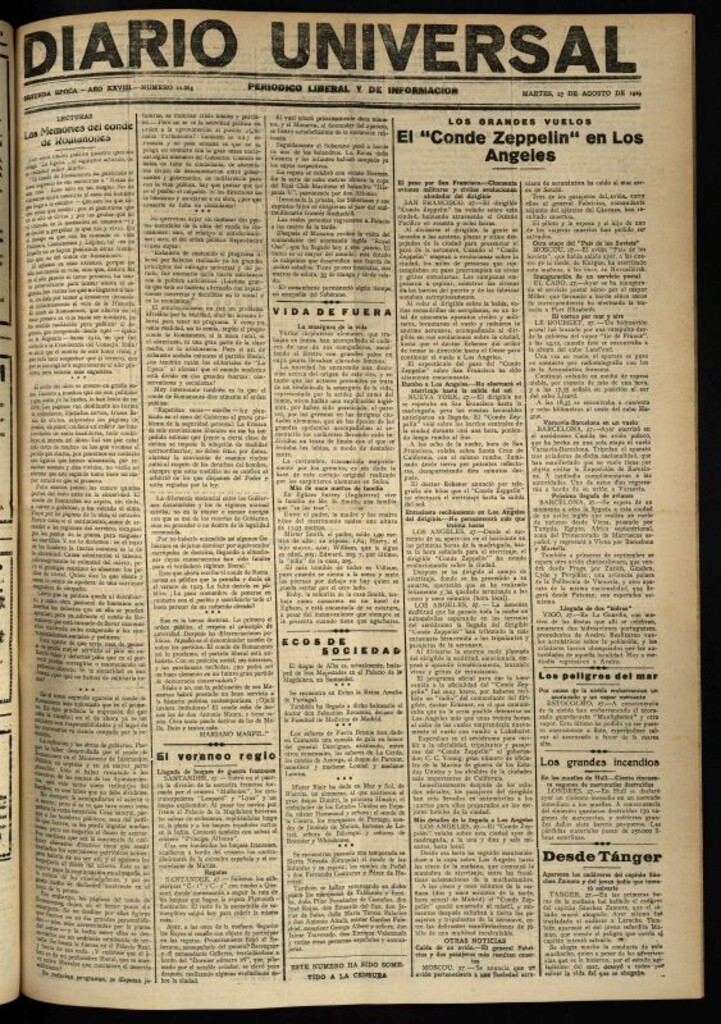 Miniatura de Diario Universal del 27 de agosto de 1929