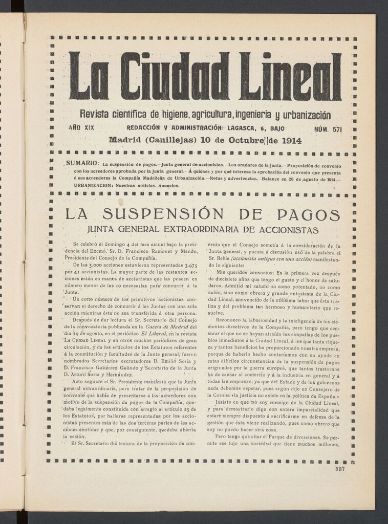 Miniatura de La Ciudad Lineal : órgano oficial de la Compañía Madrileña de Urbanización del 10 de octubre de 1914