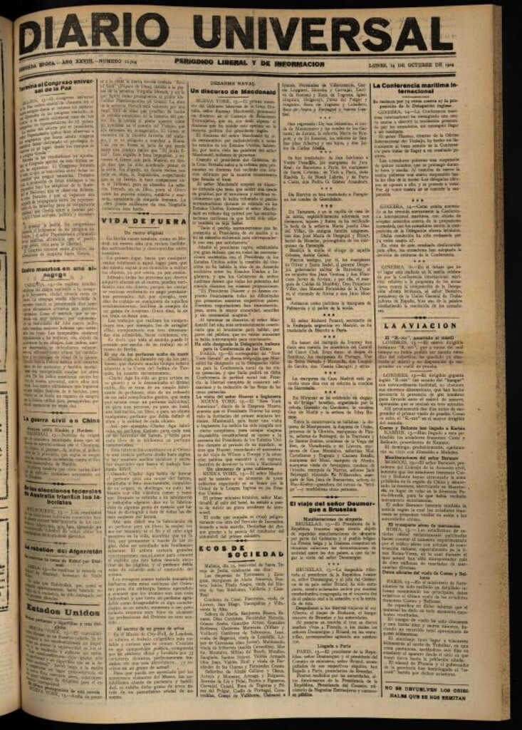 Miniatura de Diario Universal del 14 de octubre de 1929
