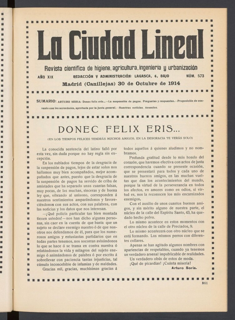Miniatura de La Ciudad Lineal : órgano oficial de la Compañía Madrileña de Urbanización del 30 de octubre de 1914