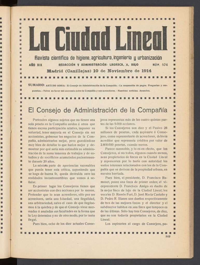 Miniatura de La Ciudad Lineal : órgano oficial de la Compañía Madrileña de Urbanización del 10 de noviembre de 1914
