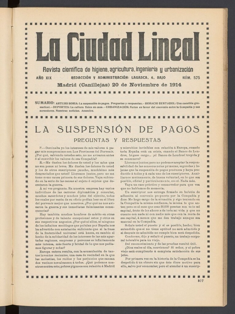 Miniatura de La Ciudad Lineal : órgano oficial de la Compañía Madrileña de Urbanización del 20 de noviembre de 1914