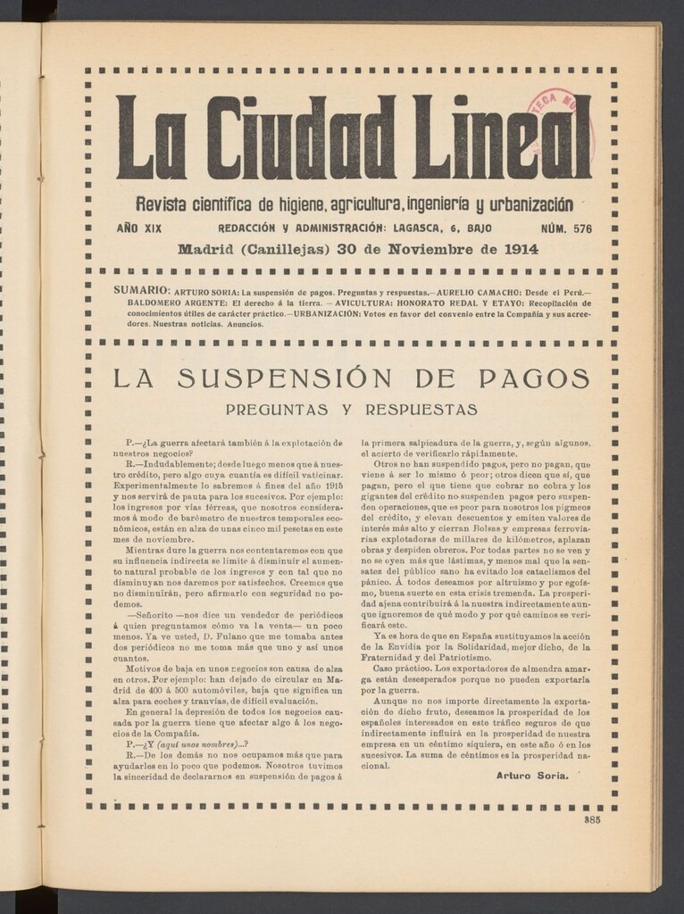 Miniatura de La Ciudad Lineal : órgano oficial de la Compañía Madrileña de Urbanización del 30 de noviembre de 1914