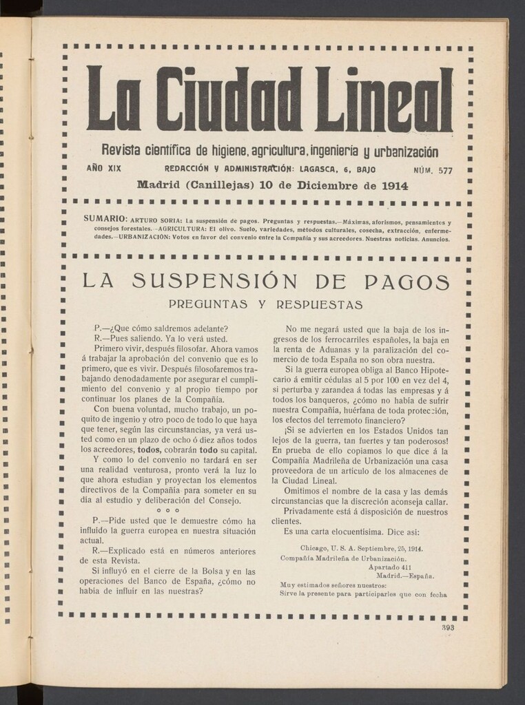 Miniatura de La Ciudad Lineal : órgano oficial de la Compañía Madrileña de Urbanización del 10 de diciembre de 1914