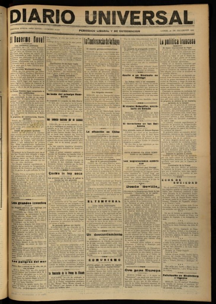 Miniatura de Diario Universal del 30 de diciembre de 1929