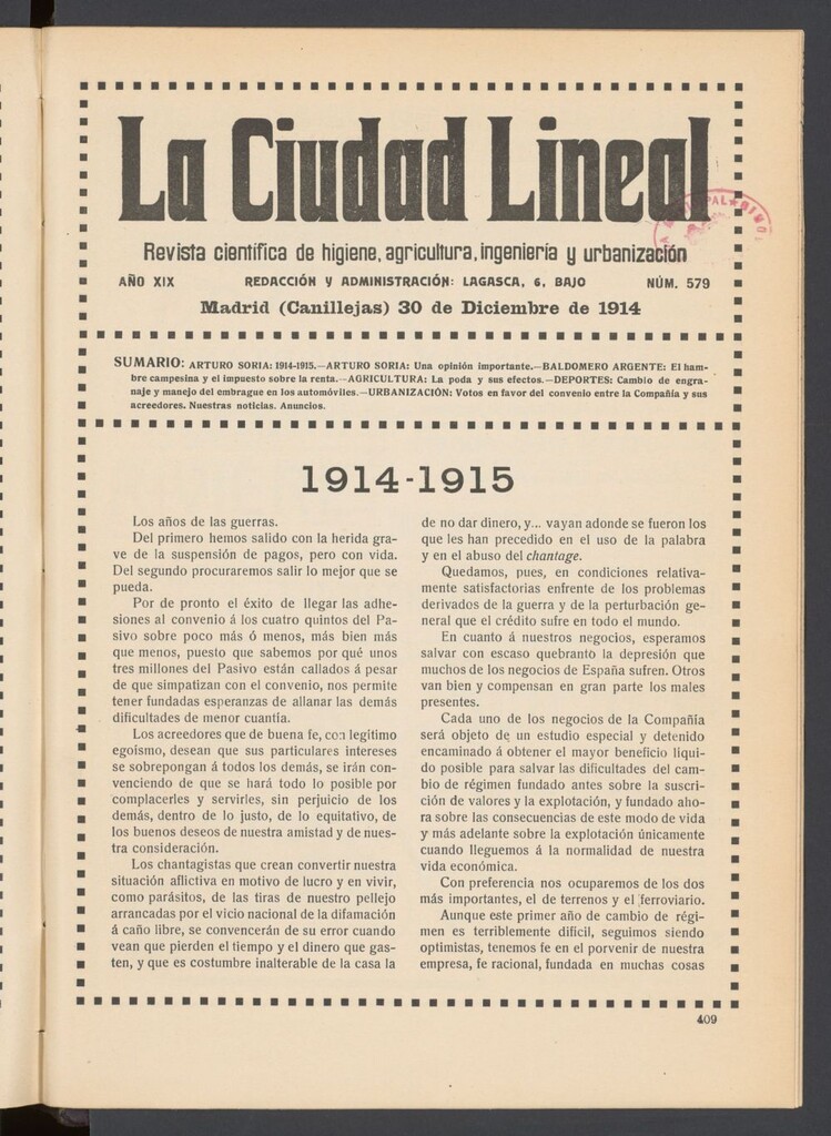 Miniatura de La Ciudad Lineal : órgano oficial de la Compañía Madrileña de Urbanización del 30 de diciembre de 1914