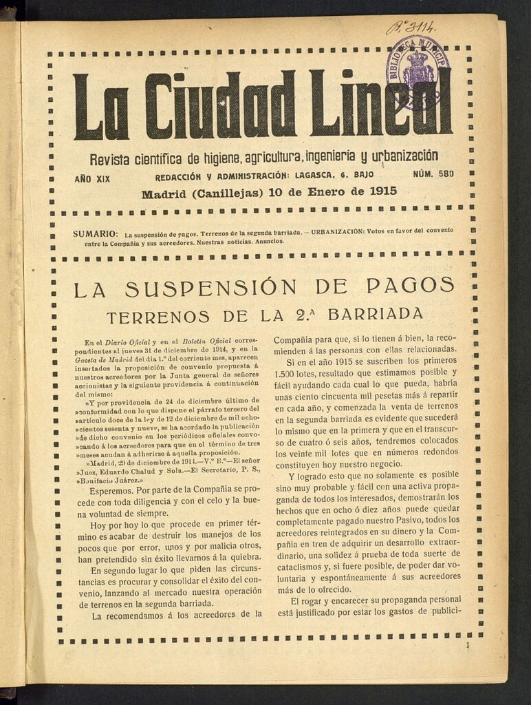 Miniatura de La Ciudad Lineal : órgano oficial de la Compañía Madrileña de Urbanización del 10 de enero de 1915