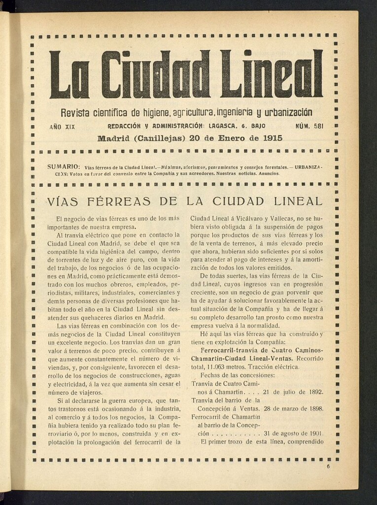 Miniatura de La Ciudad Lineal : órgano oficial de la Compañía Madrileña de Urbanización del 20 de enero de 1915