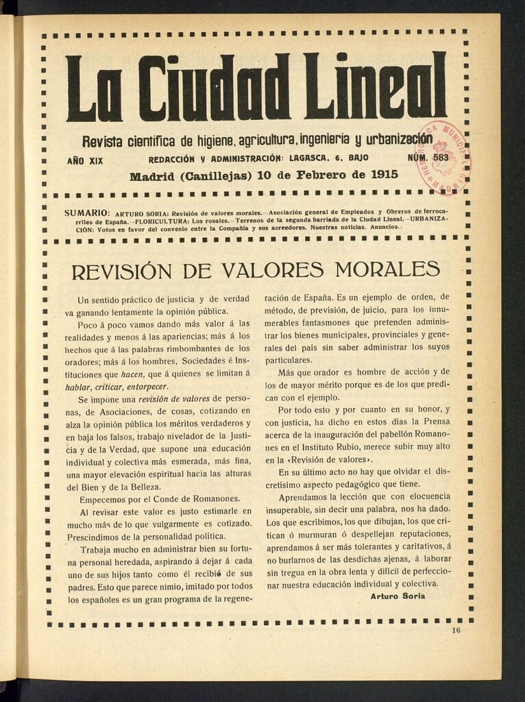 Miniatura de La Ciudad Lineal : órgano oficial de la Compañía Madrileña de Urbanización del 10 de febrero de 1915