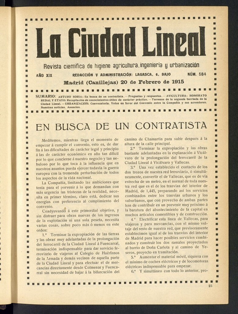 Miniatura de La Ciudad Lineal : órgano oficial de la Compañía Madrileña de Urbanización del 20 de febrero de 1915