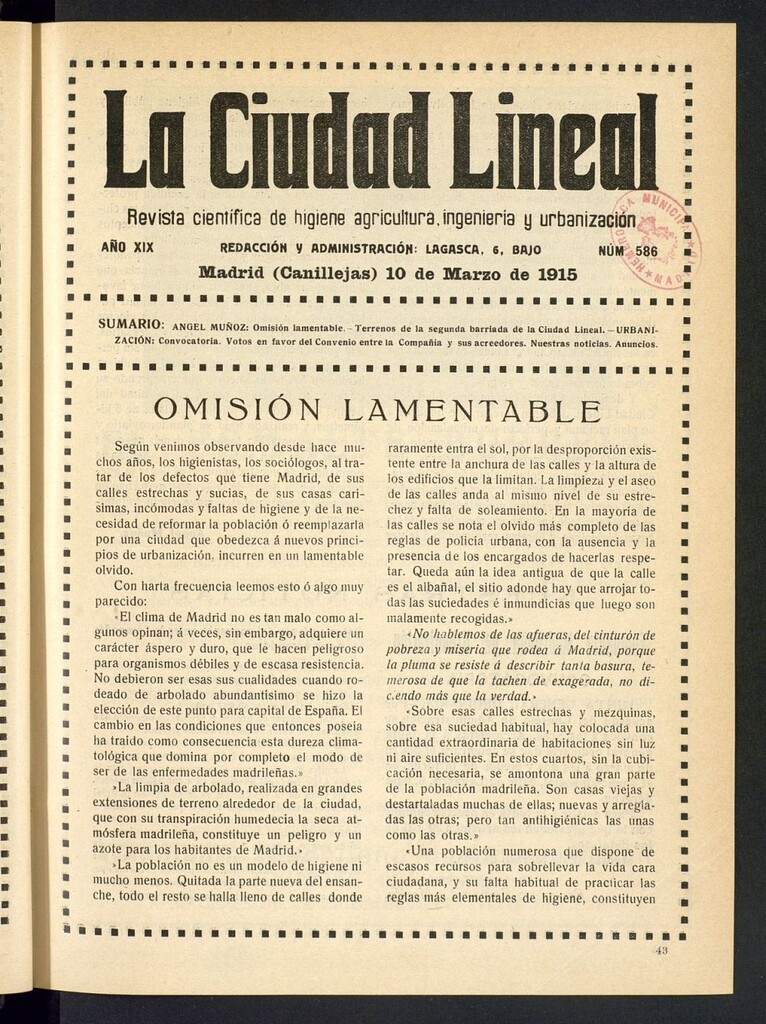 Miniatura de La Ciudad Lineal : órgano oficial de la Compañía Madrileña de Urbanización del 10 de marzo de 1915