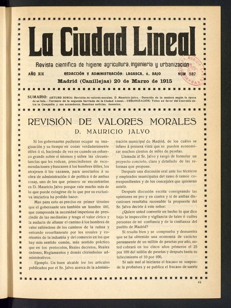Miniatura de La Ciudad Lineal : órgano oficial de la Compañía Madrileña de Urbanización del 20 de marzo de 1915