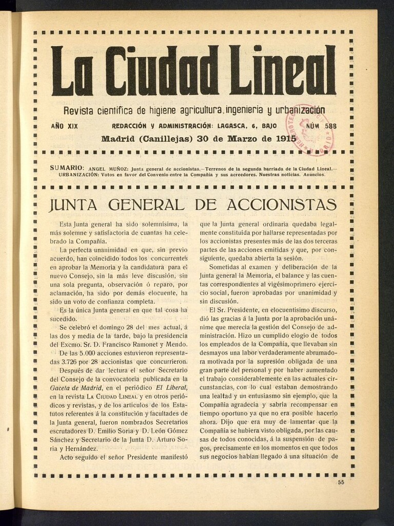Miniatura de La Ciudad Lineal : órgano oficial de la Compañía Madrileña de Urbanización del 30 de marzo de 1915