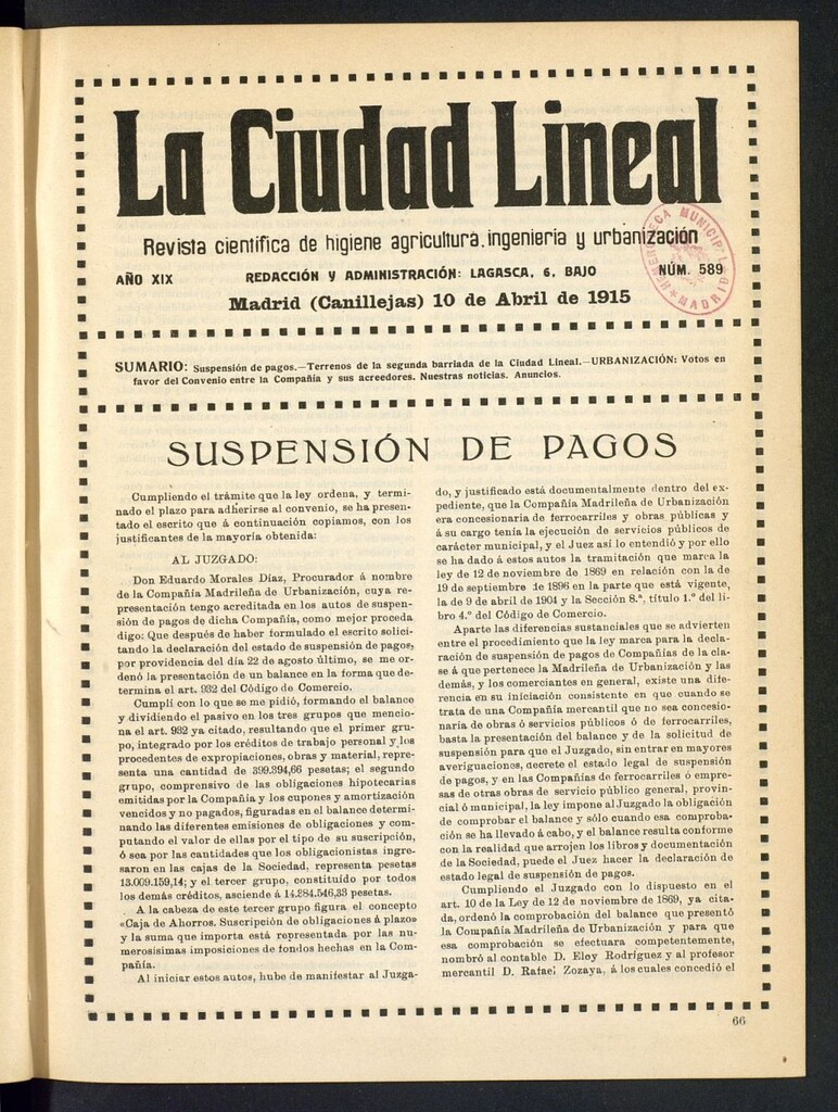 Miniatura de La Ciudad Lineal : órgano oficial de la Compañía Madrileña de Urbanización del 10 de abril de 1915