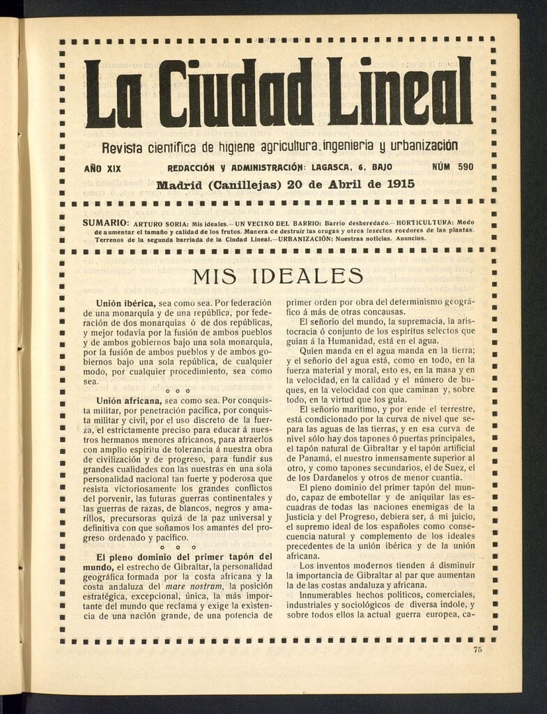 Miniatura de La Ciudad Lineal : órgano oficial de la Compañía Madrileña de Urbanización del 20 de abril de 1915