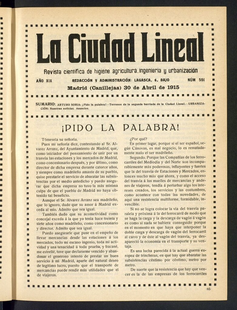 Miniatura de La Ciudad Lineal : órgano oficial de la Compañía Madrileña de Urbanización del 30 de abril de 1915