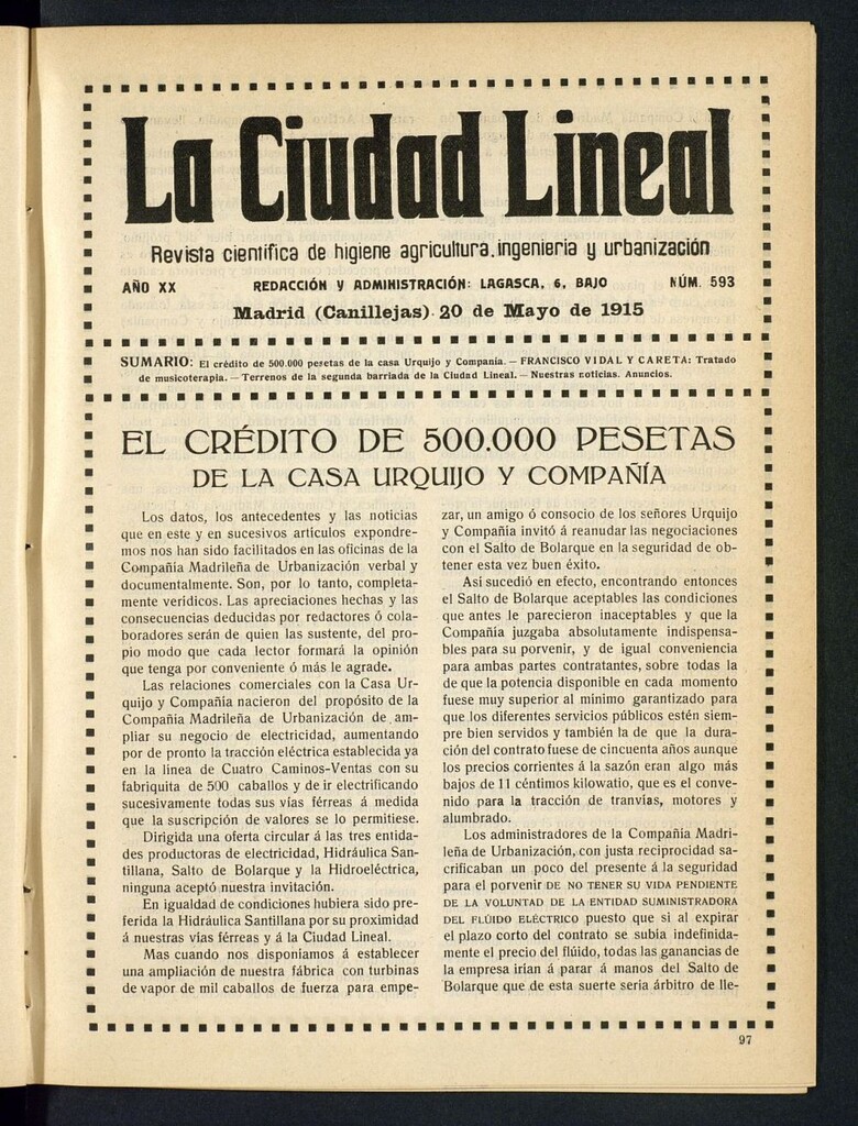 Miniatura de La Ciudad Lineal : órgano oficial de la Compañía Madrileña de Urbanización del 20 de mayo de 1915