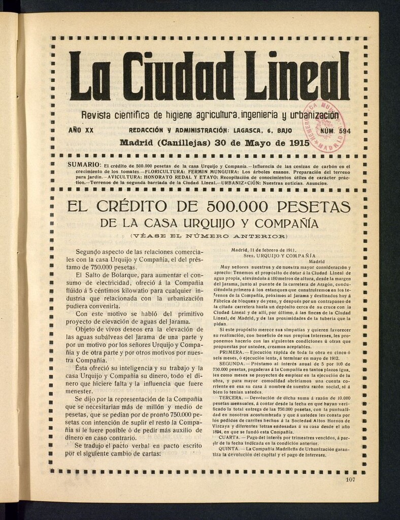 Miniatura de La Ciudad Lineal : órgano oficial de la Compañía Madrileña de Urbanización del 30 de mayo de 1915