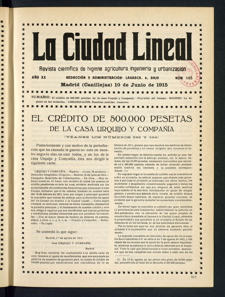Miniatura de La Ciudad Lineal : órgano oficial de la Compañía Madrileña de Urbanización del 10 de junio de 1915