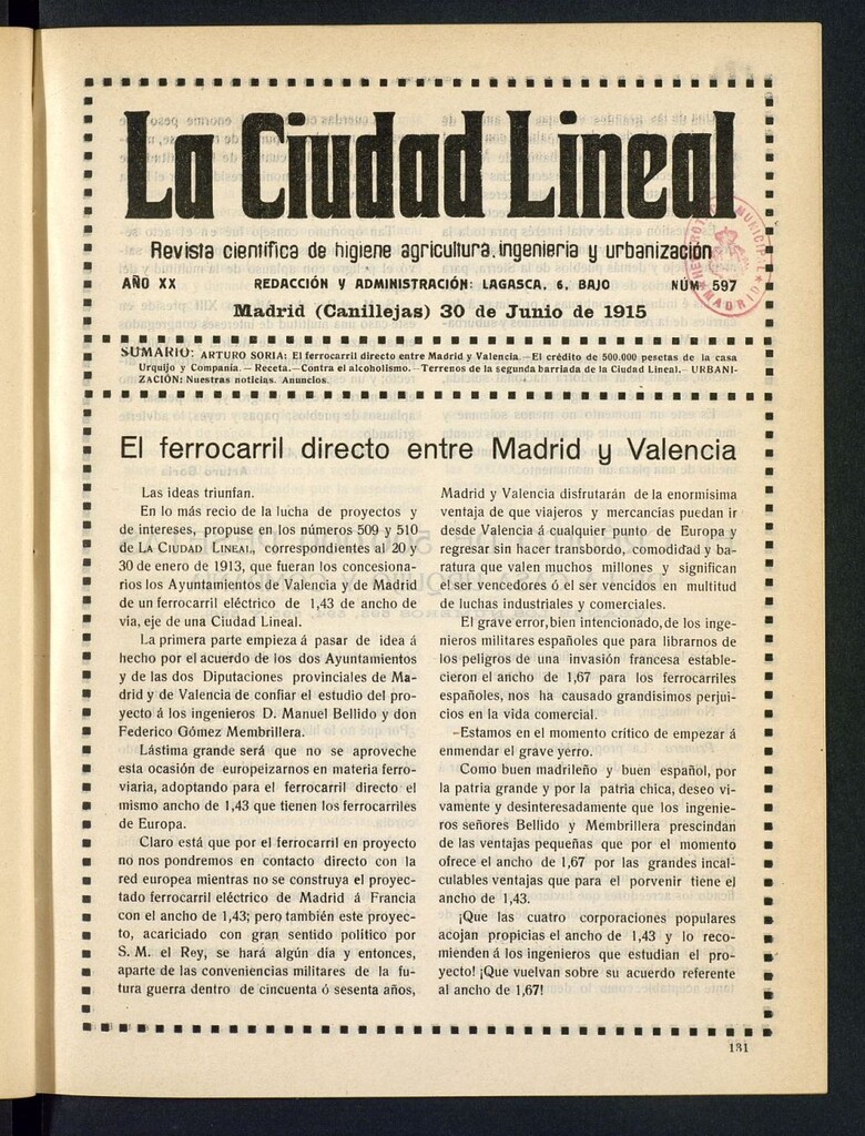 Miniatura de La Ciudad Lineal : órgano oficial de la Compañía Madrileña de Urbanización del 30 de junio de 1915