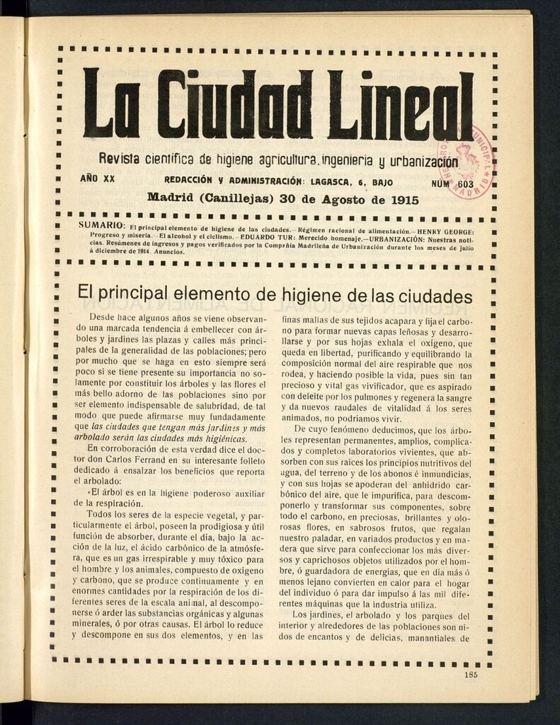 Miniatura de La Ciudad Lineal : órgano oficial de la Compañía Madrileña de Urbanización del 30 de agosto de 1915