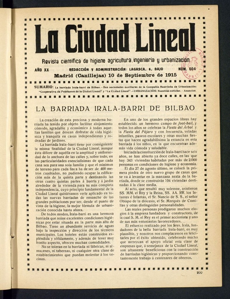 Miniatura de La Ciudad Lineal : órgano oficial de la Compañía Madrileña de Urbanización del 10 de septiembre de 1915