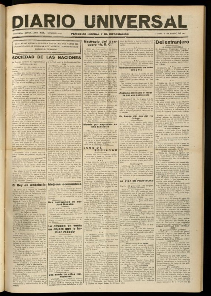 Miniatura de Diario Universal del 26 de enero de 1931