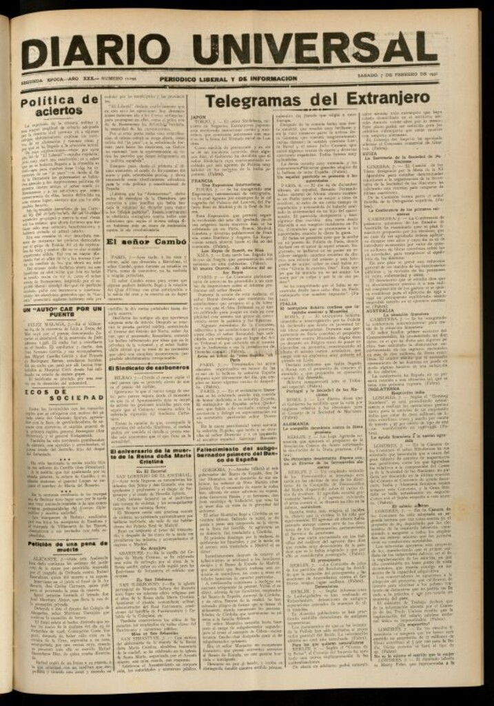 Miniatura de Diario Universal del 7 de febrero de 1931