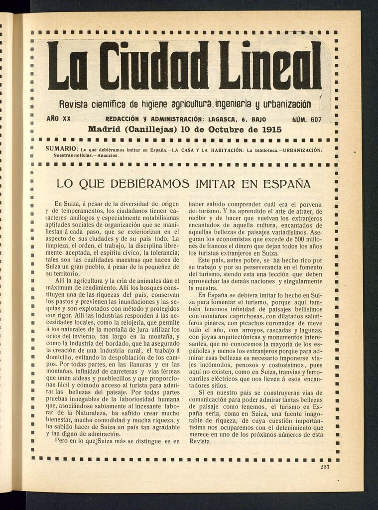 Miniatura de La Ciudad Lineal : órgano oficial de la Compañía Madrileña de Urbanización del 10 de octubre de 1915