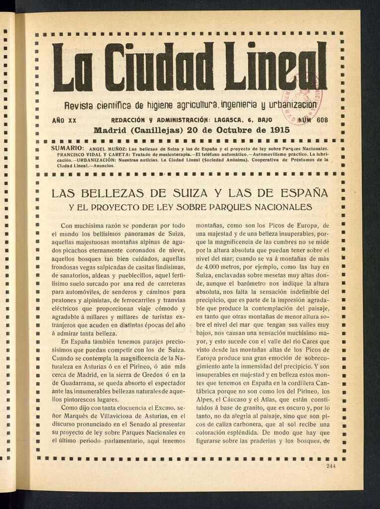 Miniatura de La Ciudad Lineal : órgano oficial de la Compañía Madrileña de Urbanización del 20 de octubre de 1915