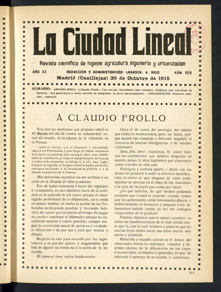Miniatura de La Ciudad Lineal : órgano oficial de la Compañía Madrileña de Urbanización del 30 de octubre de 1915