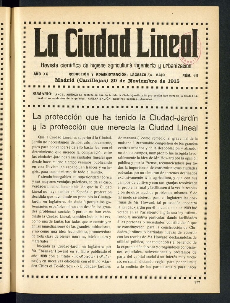 Miniatura de La Ciudad Lineal : órgano oficial de la Compañía Madrileña de Urbanización del 20 de noviembre de 1915
