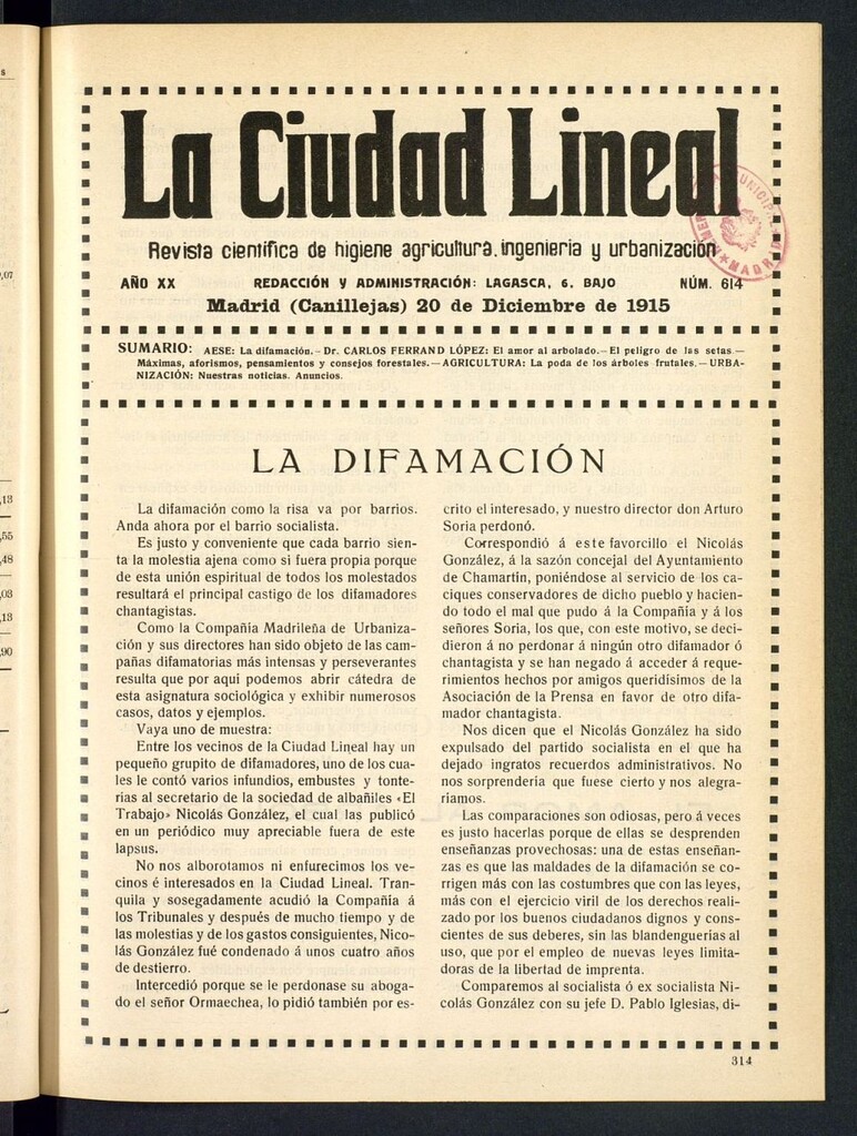 Miniatura de La Ciudad Lineal : órgano oficial de la Compañía Madrileña de Urbanización del 20 de diciembre de 1915